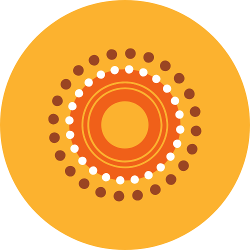 Abstract graphic design with concentric circles of white, orange, and dark brown dots and lines on a yellow background.