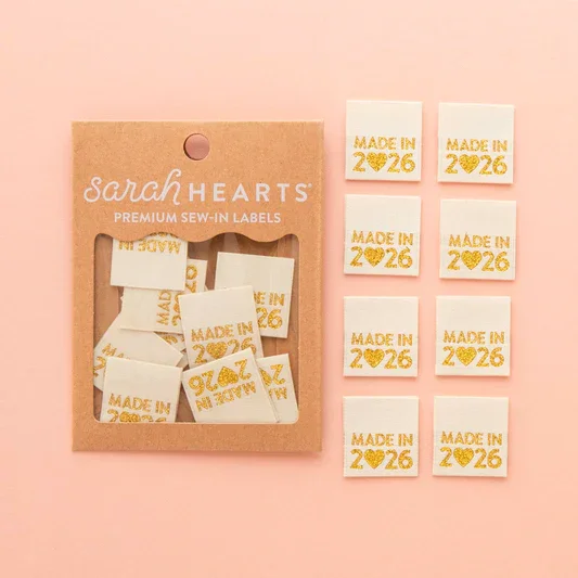Sarah Hearts - Made in 2026 Gold Woven Labels - Quilt and Clothing Tags
