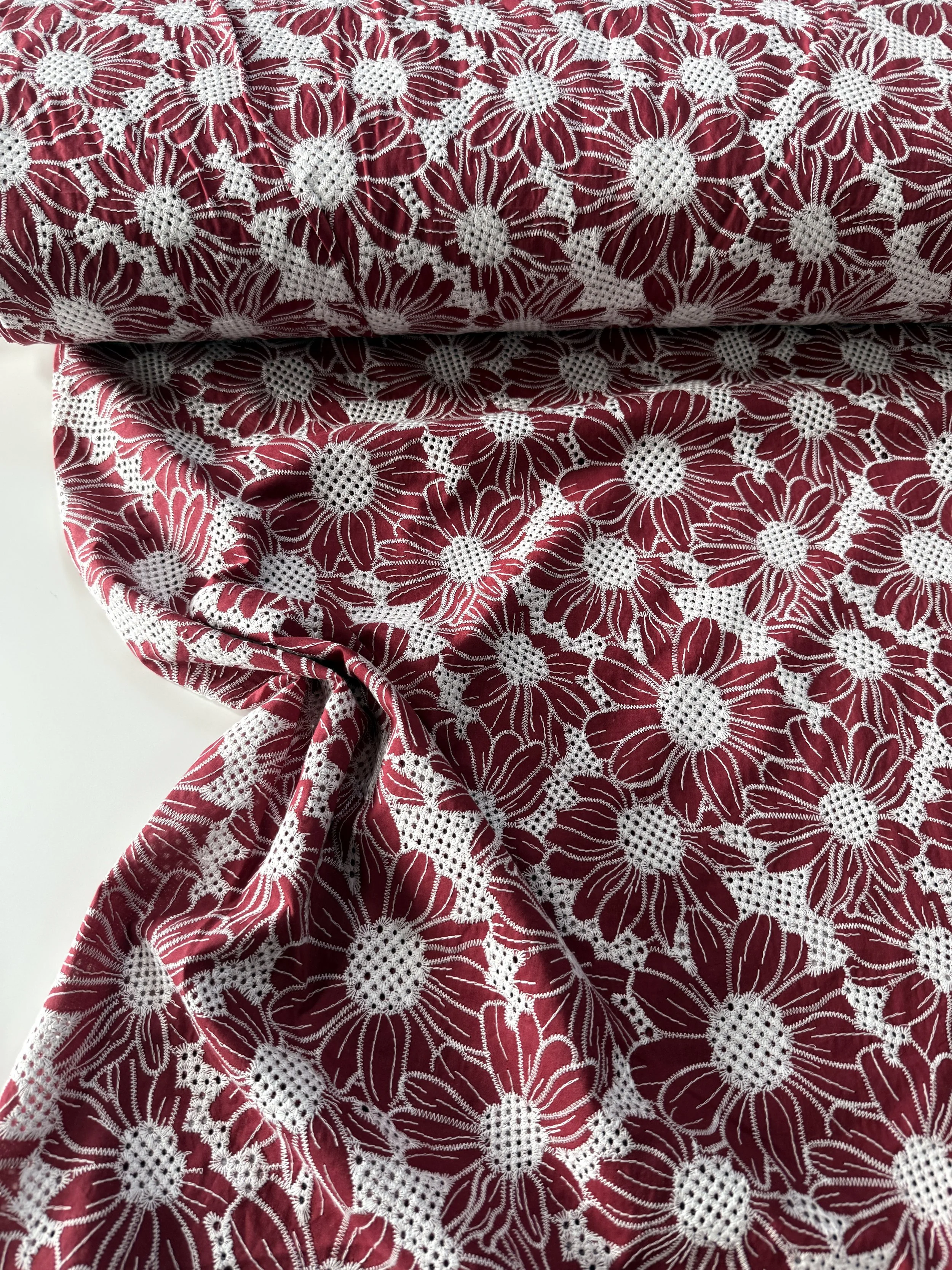 Blooming Red‑y — Embroidered Cotton with Scalloped Edge