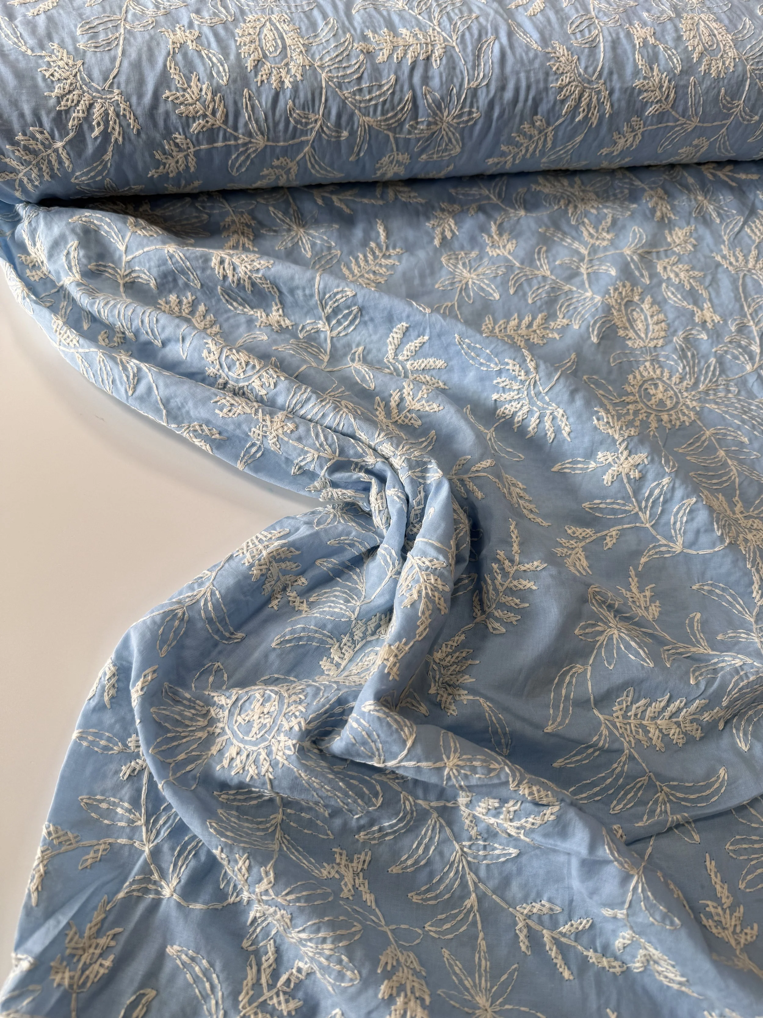 Embroidered Daydream Cotton Poplin - Sky Blue