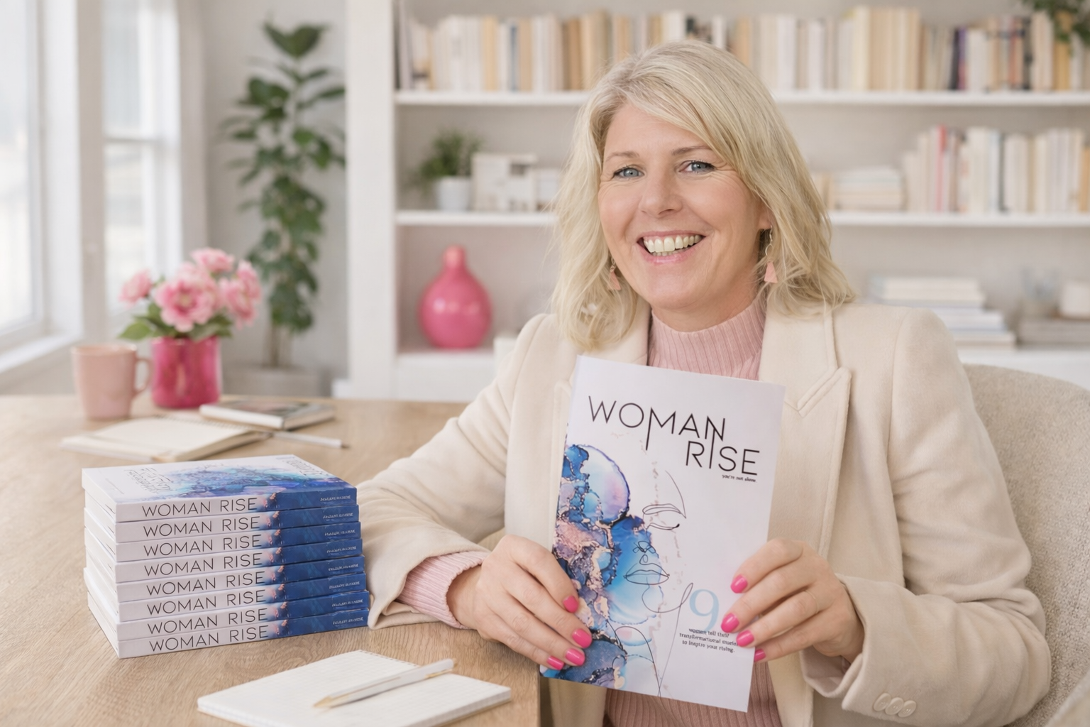 A woman with blonde hair and pink nails holding a book titled 'Woman Rise' and smiling at the camera, sitting at a table with a stack of the same books, pink flowers, a pink mug, and a notebook. In the background, bookshelves and potted plants are visible in a bright, cozy room.