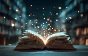 a book with open pages and magic vibe, with library shelves int he background