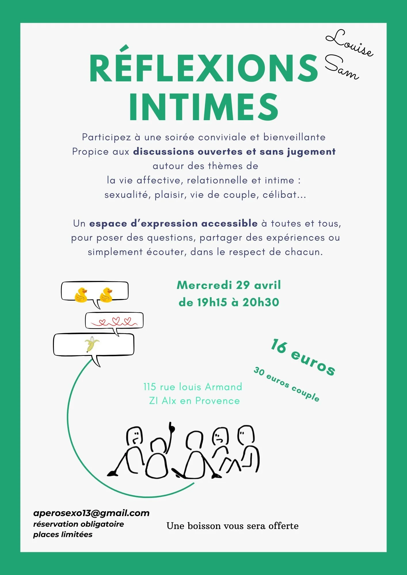 Affiche des ateliers Réflexions intimes — soirées apéro sexo avec Samantha, sexothérapeute à Aix-en-Provence