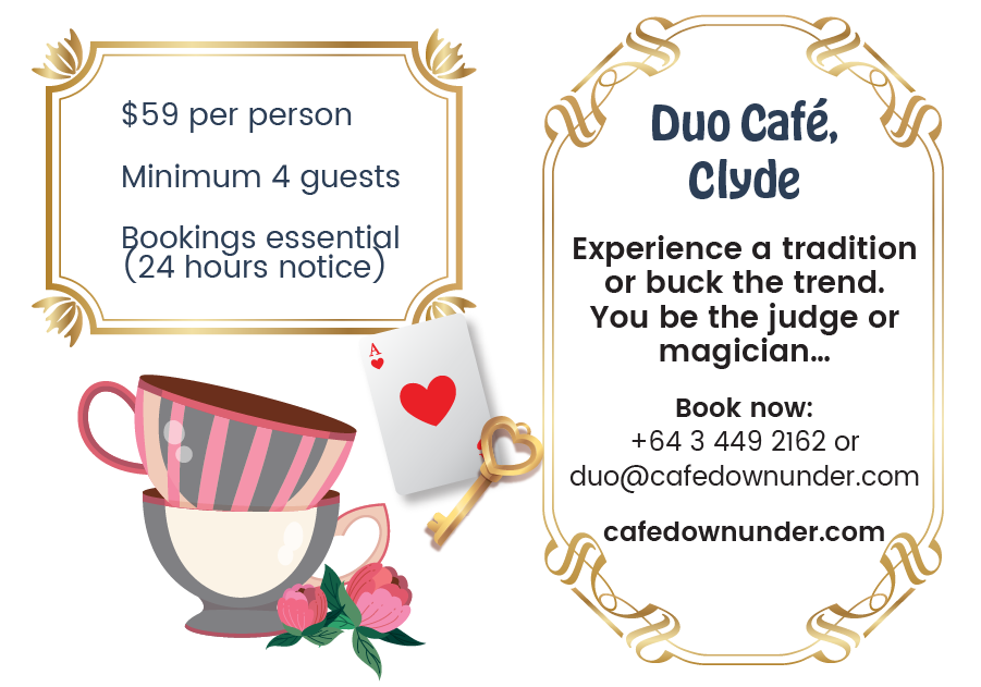 Advertisement for Duo Café, Clyde, with a cup and saucer, playing card with a heart, pink roses, a gold key, and information about booking and pricing.