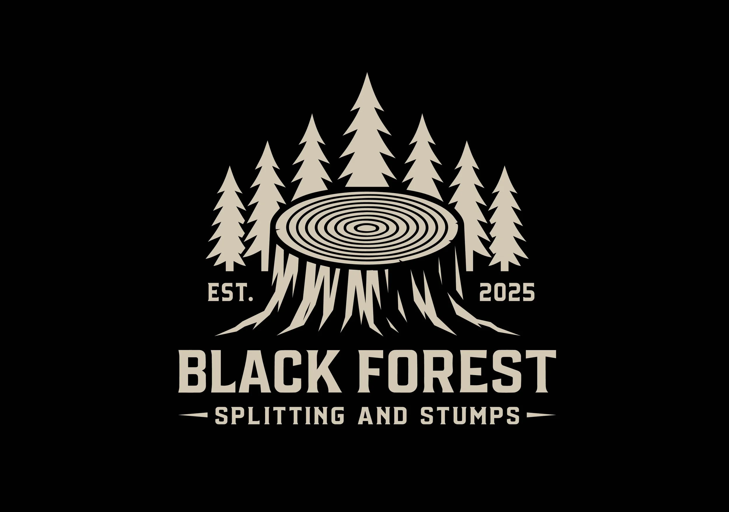 Black Forest logo with a mountain of trees and a tree stump, stating "Est. 2025" and "Black Forest Splitting and Stumps".