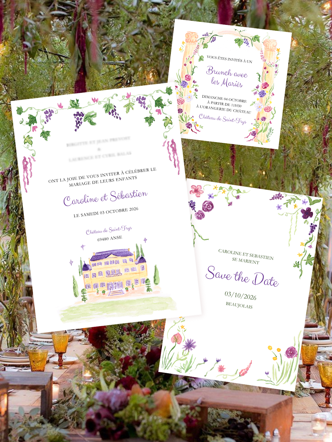 Invitations mariage et brunch du lendemain, illustrés à l'aquarelle, palette violette et rose