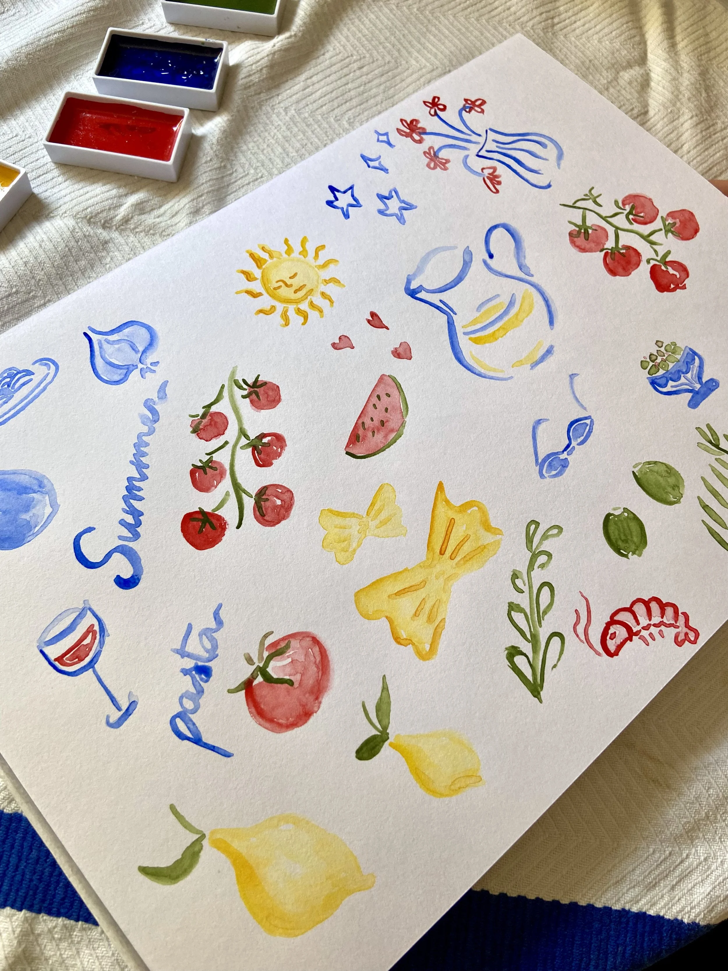 Watercolor elements, summer diet, pasta tomato salad