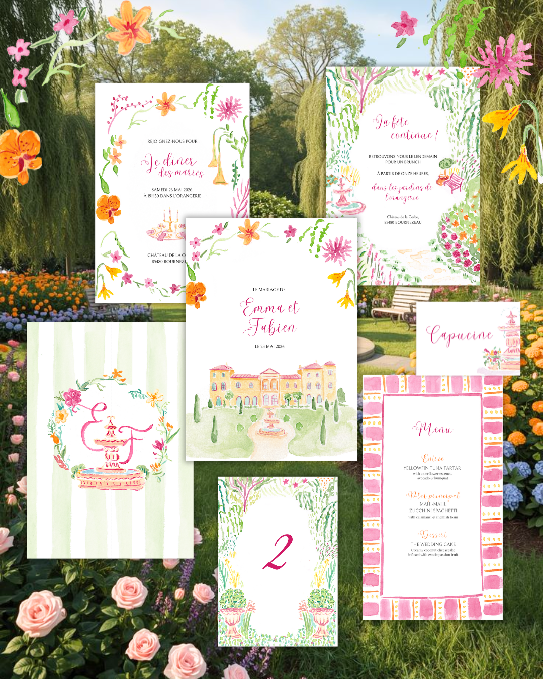 Watercolor invitation suite garden flowers