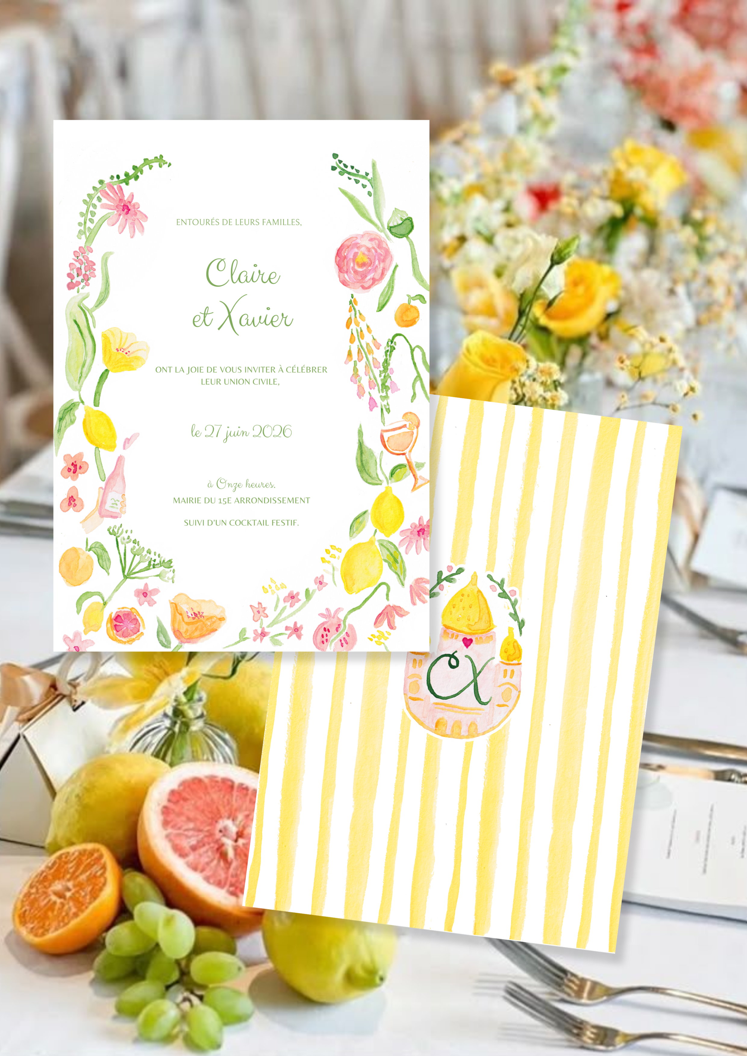 Faire-Part mariage jaune et orange sur theme citrons et agrumes