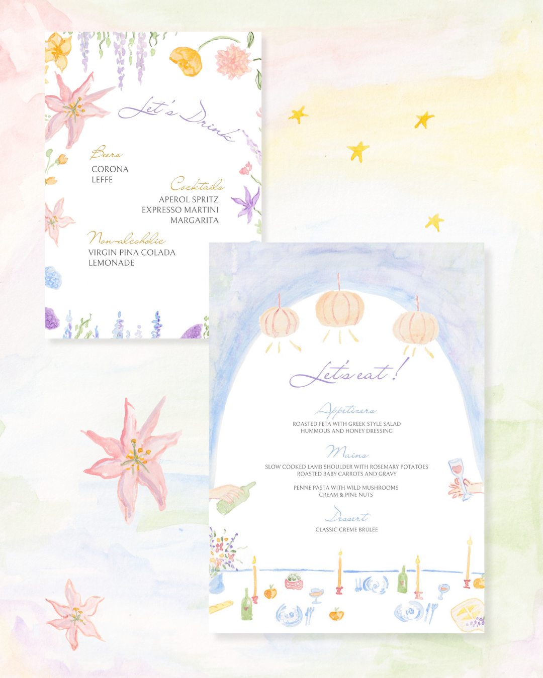 Menu de mariage et drink menu pour un mariage fleuri sur le thème de Monet