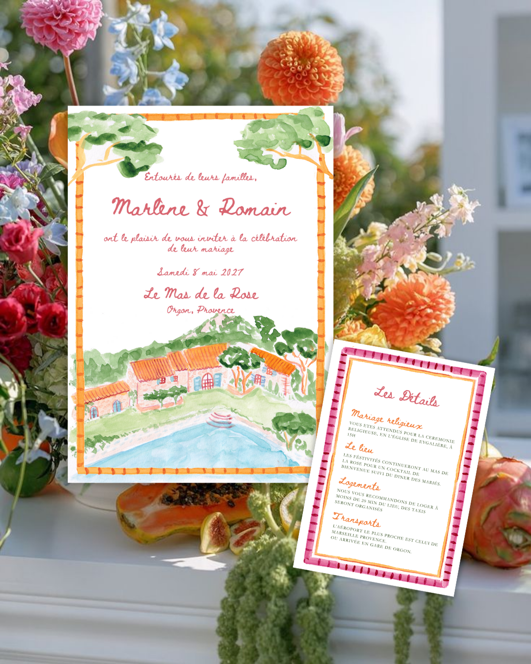 Invitation de mariage, illustration du lieu de mariage, mas provencal et carton detail