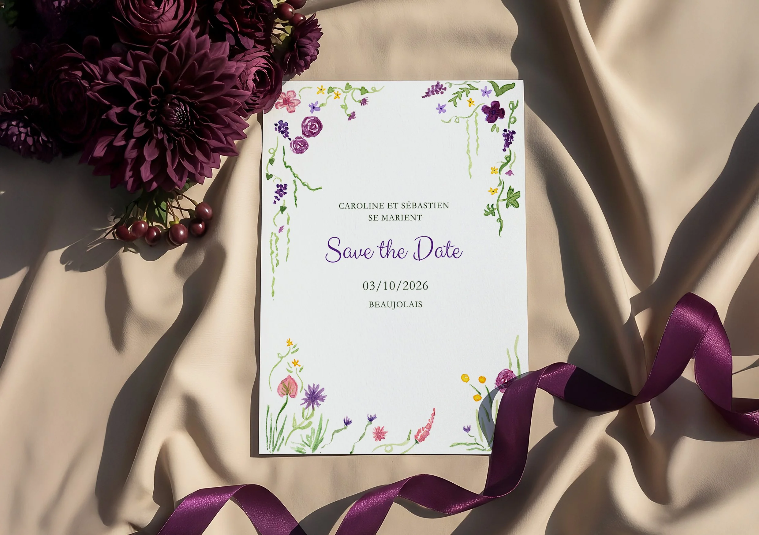 Save the date mariage violet rose