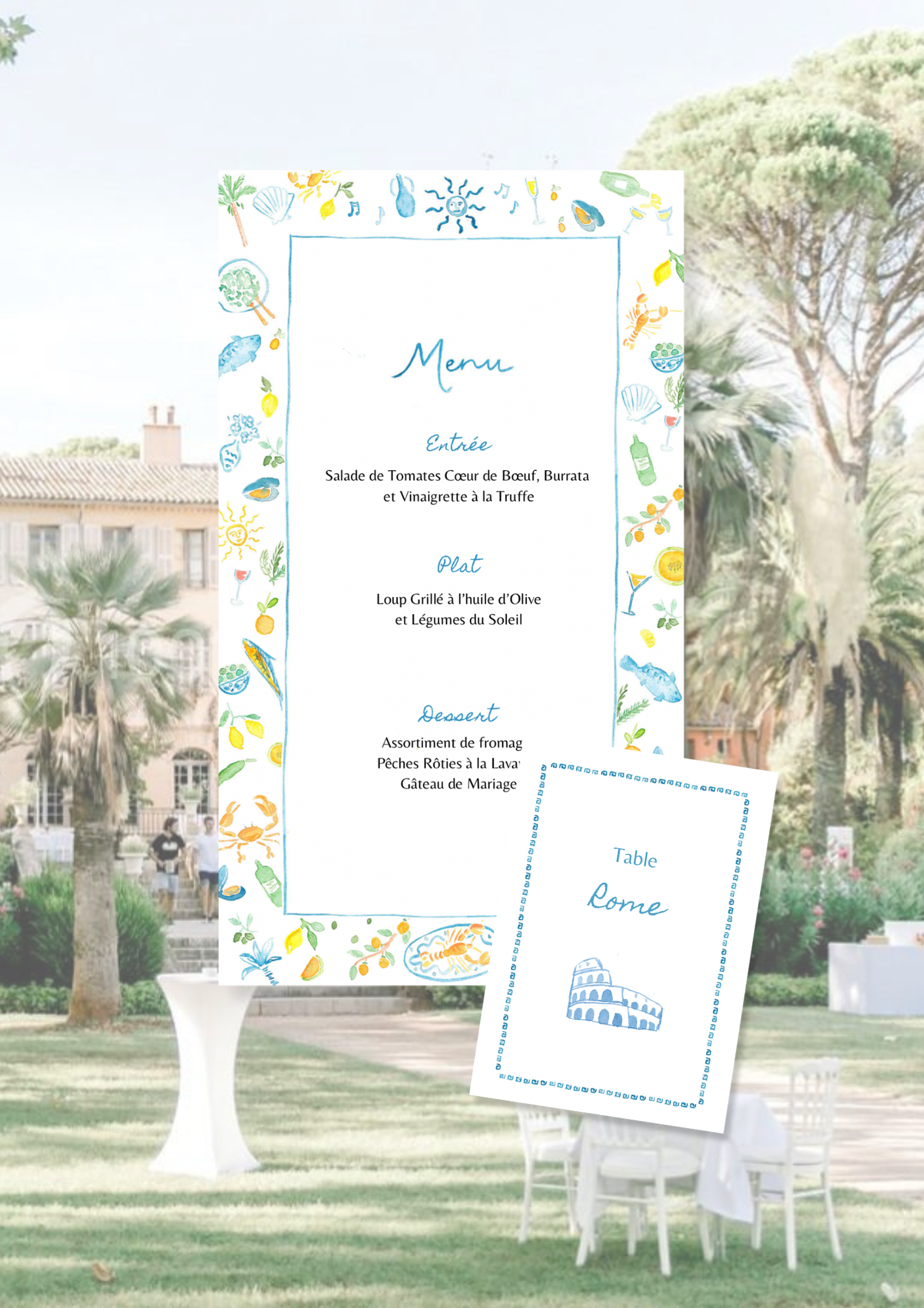 Luxury wedding stationery Menu with provencal elements like lemon, seafood, olives