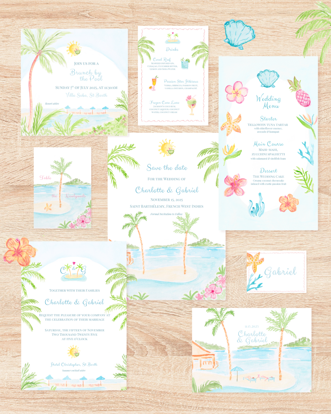 Suite de papeterie de mariage, Destination Wedding a Saint-Barthelemy, tropical, palmier, coconut