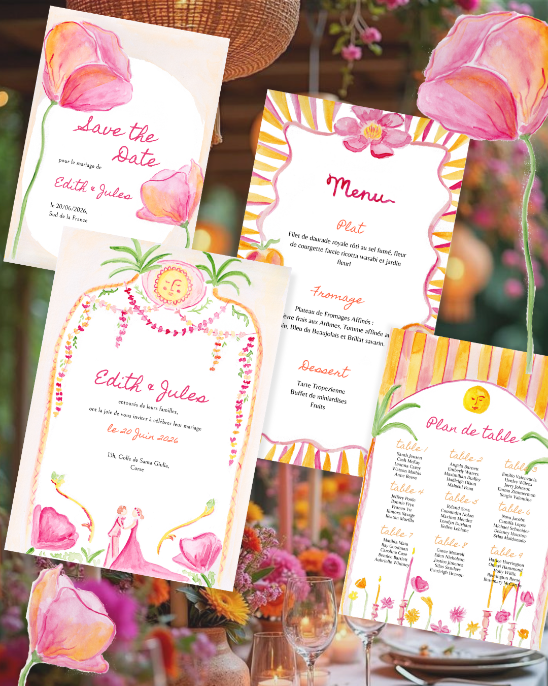 Cartes d'invitation pour un mariage avec un motif floral coloré en aquarelle, comprenant une annonce de mariage, un menu, un plan de table et des détails du mariage, toutes ornées de fleurs roses et jaunes.