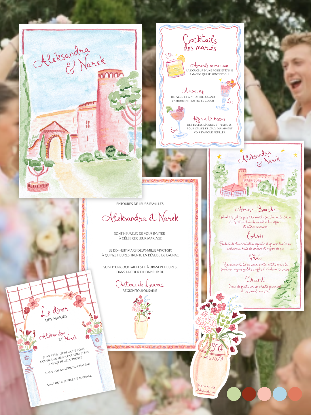 Set de papeterie de mariage, venue illustration, menu chateau, cocktail list