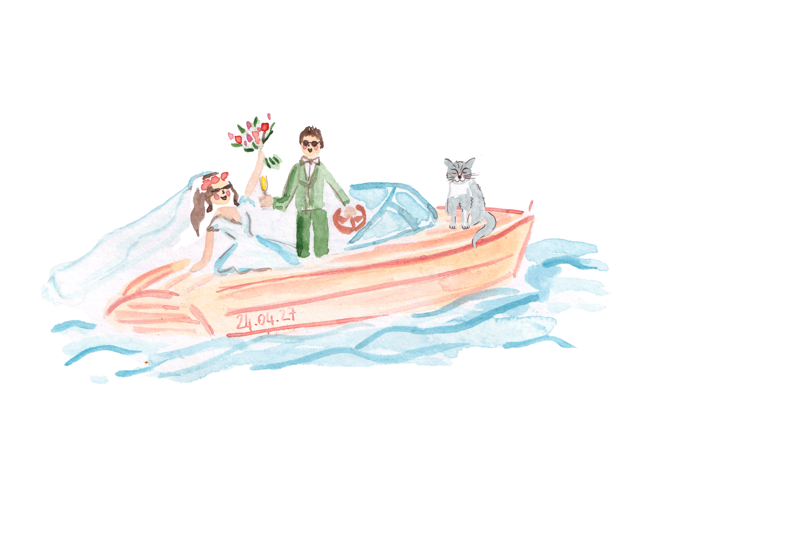 Illustration d'un couple de mariés sur un bateau