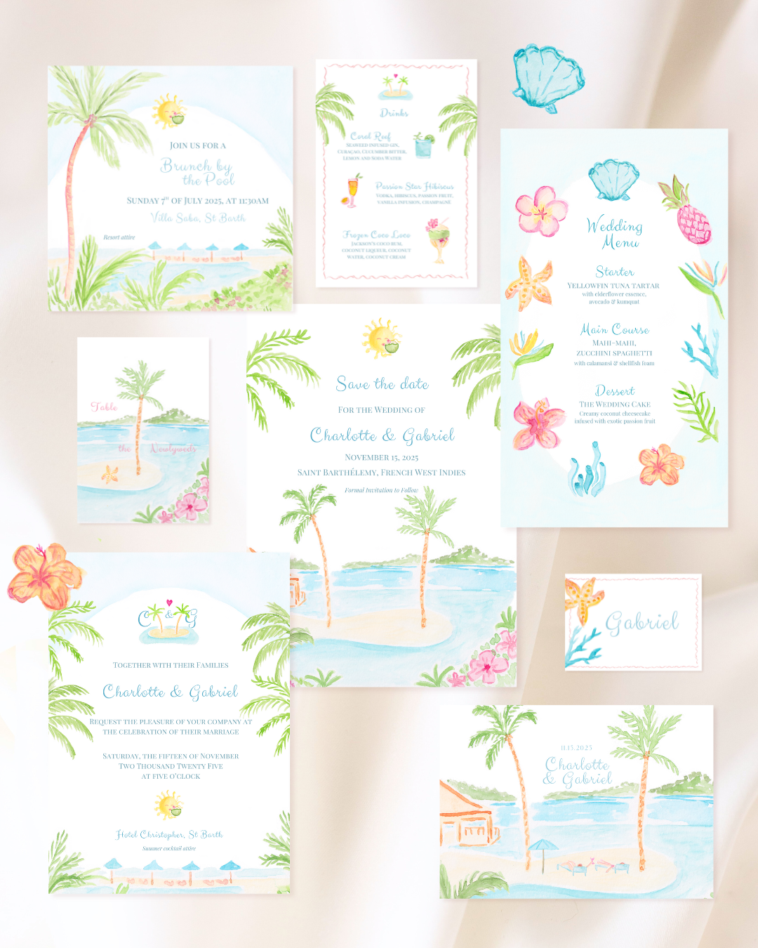 Suite de papeterie de mariage pour un destination wedding a Saint-Barthelemy, sous les tropiques, palmiers, villa vue mer, palmiers et fleurs tropicales