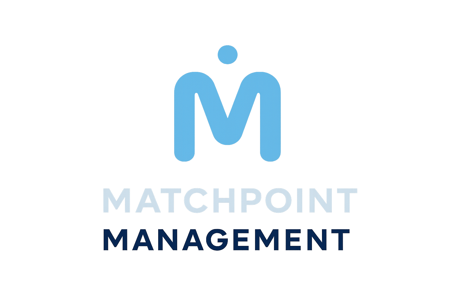 Logo of MatchPoint Management featuring a 3D blue letter M in a speech bubble, with the words "MATCHPOINT MANAGEMENT" in bold letters below.