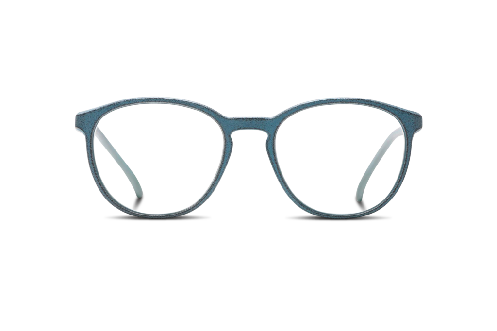 A pair of eyeglasses with circular frames and a grayish-blue color.