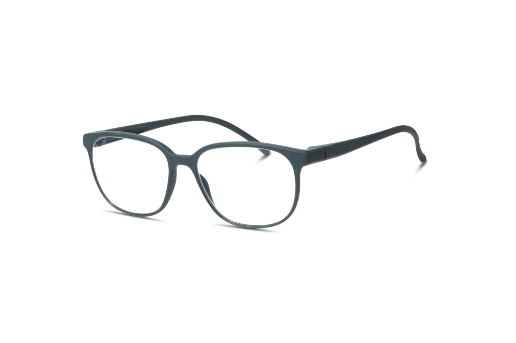 A pair of gray eyeglasses with clear lenses and black temples.