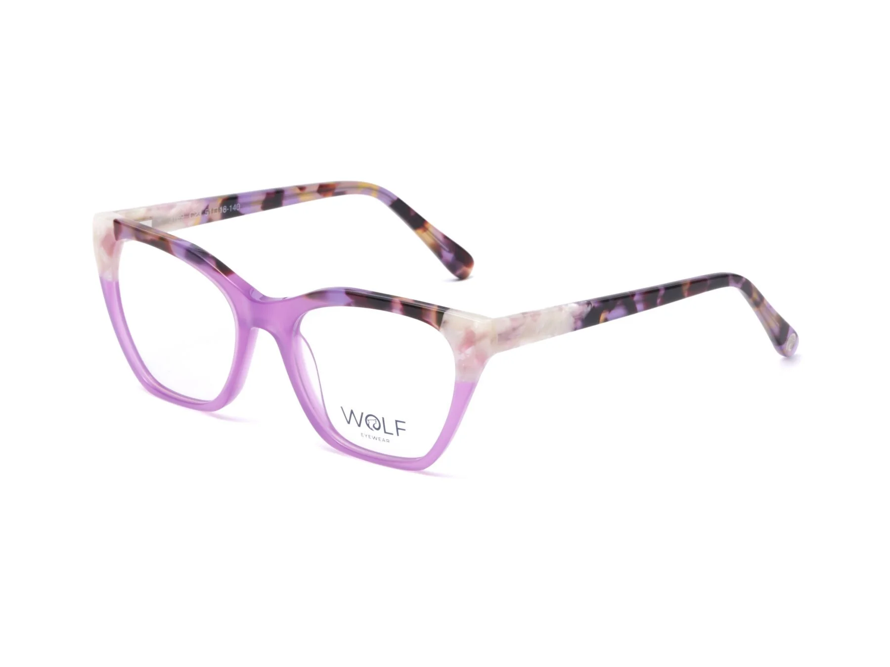 Purple and tortoiseshell patterned eyeglasses with the brand name WOLF on the lens.