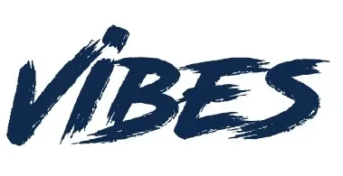 The word 'VIBES' written in bold, blue, brushstroke-style letters.