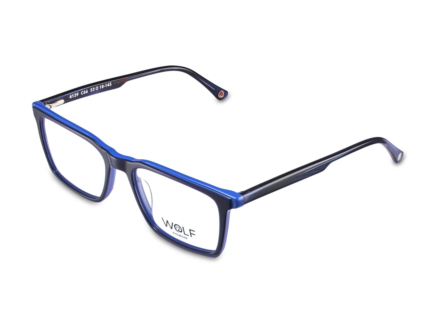 Blue and black eyeglasses with rectangular frames, labeled WOLF EYEWEAR, with clear lenses.