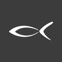 Stylized fish logo on a dark background.