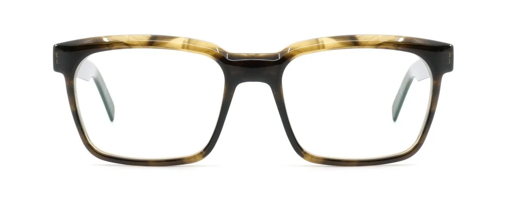 A pair of eyeglasses with a black and tortoise shell patterned frame, front view against a white background.