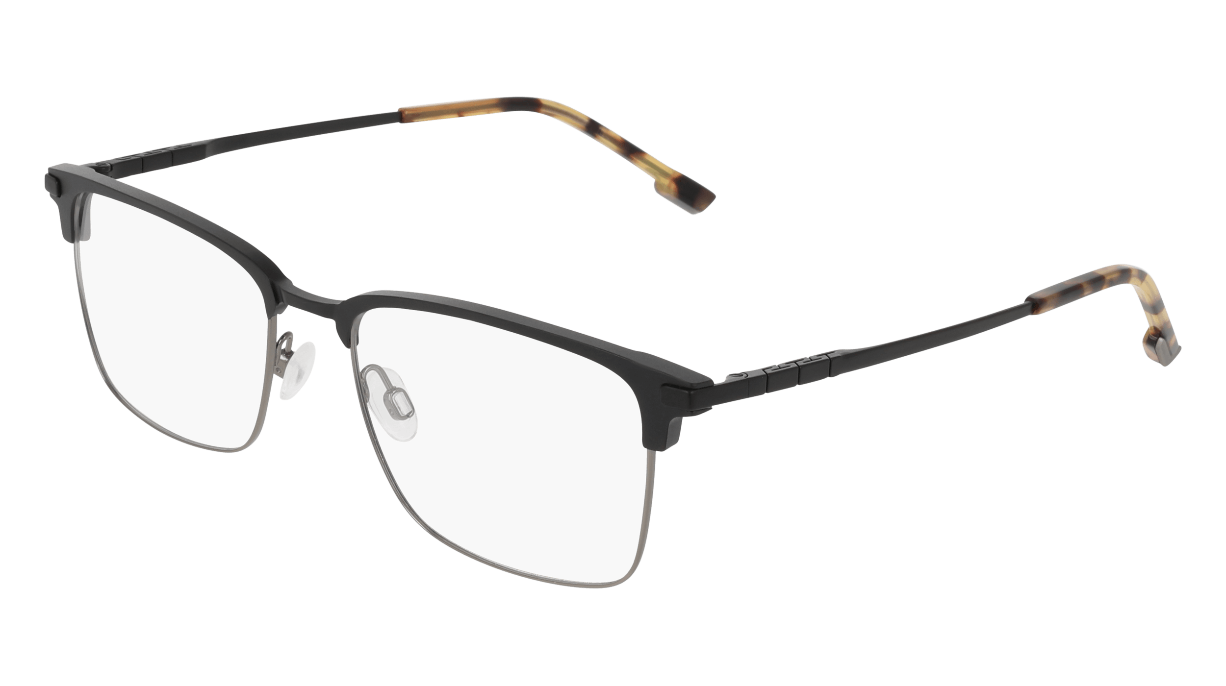 Black sunglasses with gray lenses and tortoiseshell patterned temple tips