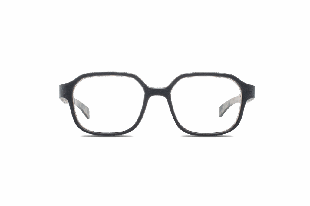 A pair of black eyeglasses with rectangular frames on a gray background.