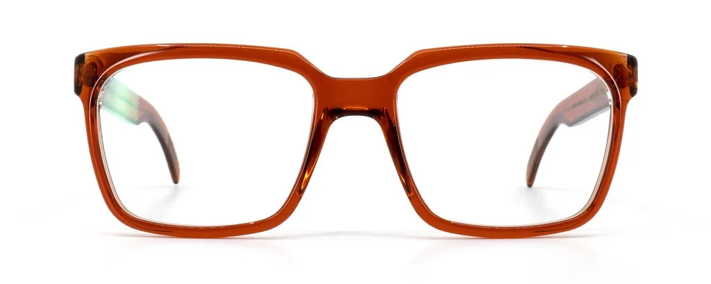 Brown eyeglasses with clear lenses on a white background.