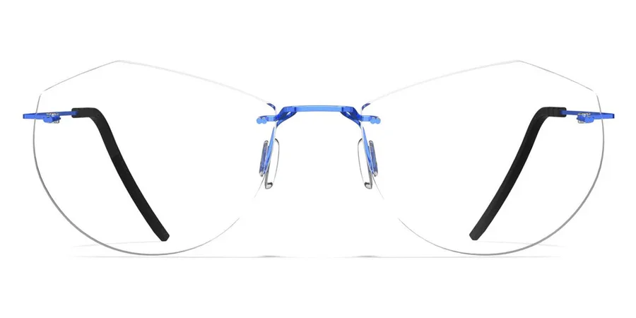 Close-up image of rimless eyeglasses with black and blue temple arms.