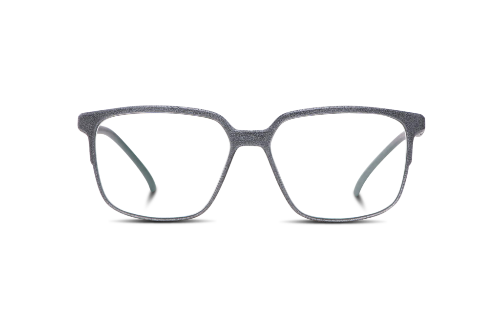 Gray eyeglasses with black temples and clear lenses
