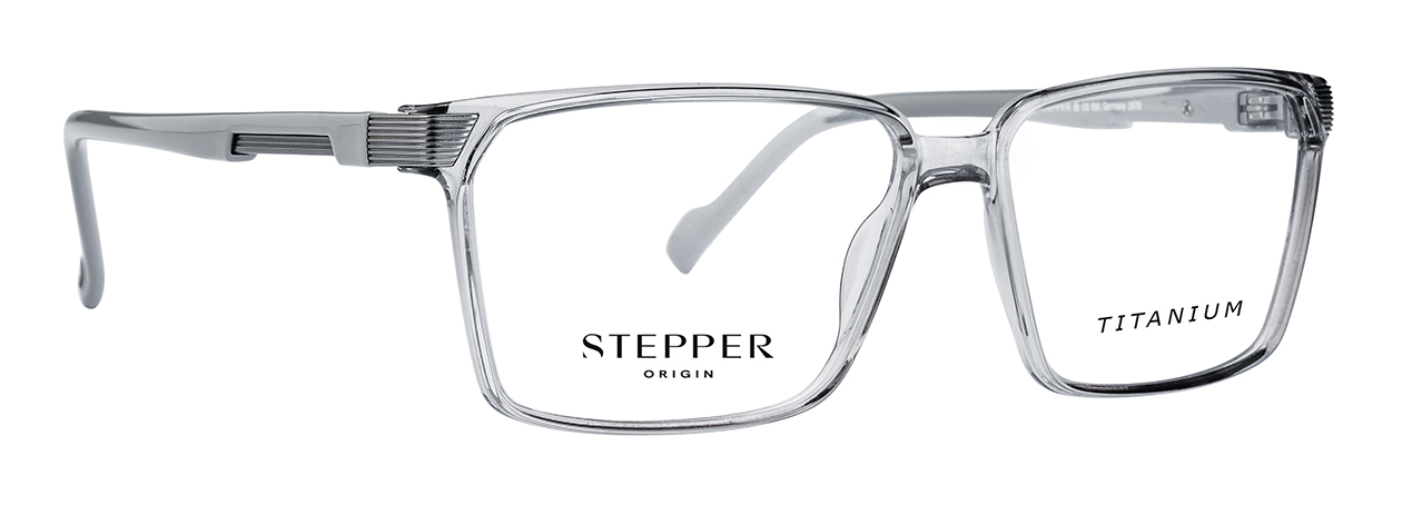 Clear titanium eyeglasses with rectangular frames and black text on lenses reading "STEPPER ORIGIN" and "TITANIUM."