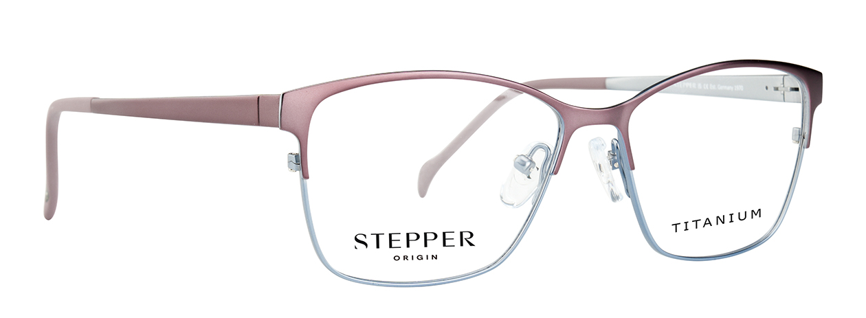 Pink and silver titanium eyeglasses with transparent lenses, labeled 'STEPPER ORIGIN' on the left lens and 'TITANIUM' on the right lens.