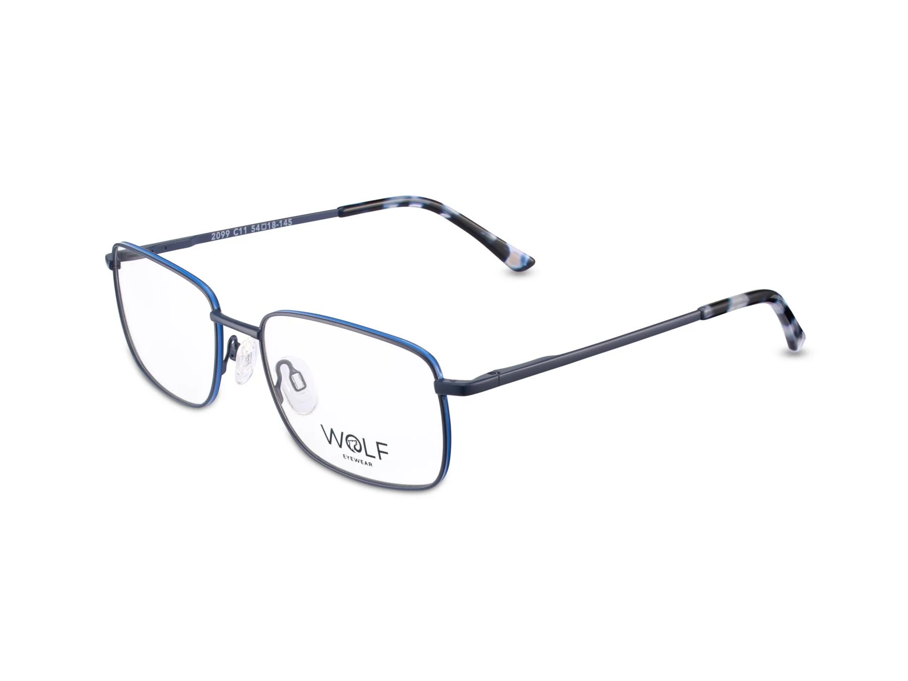 Pair of eyeglasses with rectangular lenses, blue and black frame, and clear nose pads, branded as Wolf Eyewear.