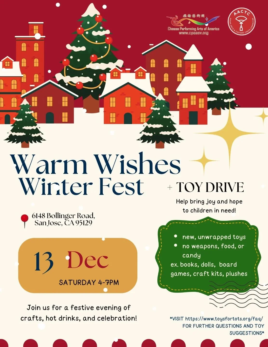 Have any plans this coming Saturday? 🎄 🎁 
Come join us for Warm Wishes Winter Fest! Dec 13th at 6148 Bollinger Avenue San Jose from 4-7pm❄️ ❤️

 For this season of giving- bring joy to Children in Need by donating a toy, while enjoying festive fun-