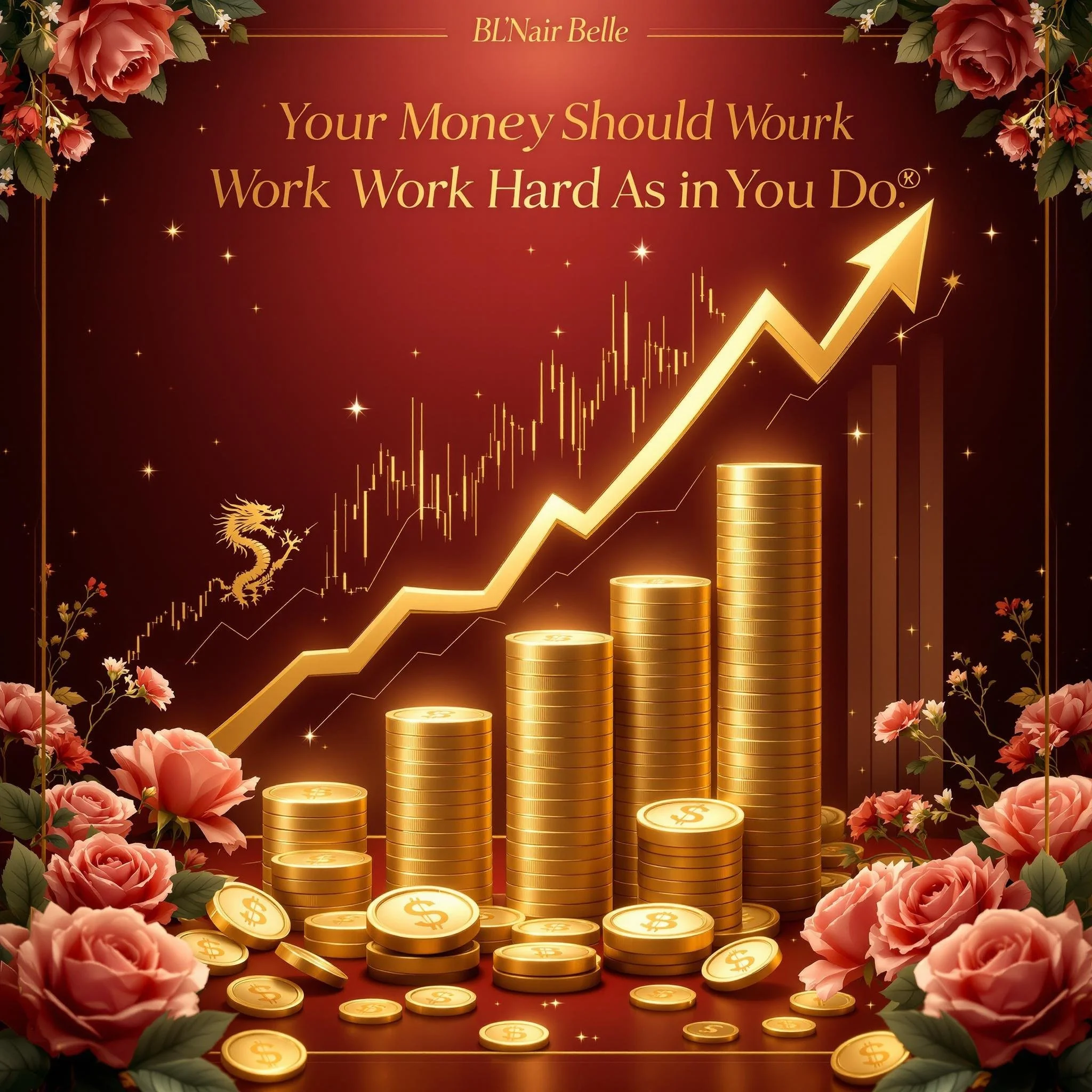 A motivational financial growth graphic with a red background, gold coins stacked in increasing heights, a rising gold arrow, a small golden dragon, and pink roses framing the image, with the text 'Your Money Should Work Work Work Hard As in You Do.'