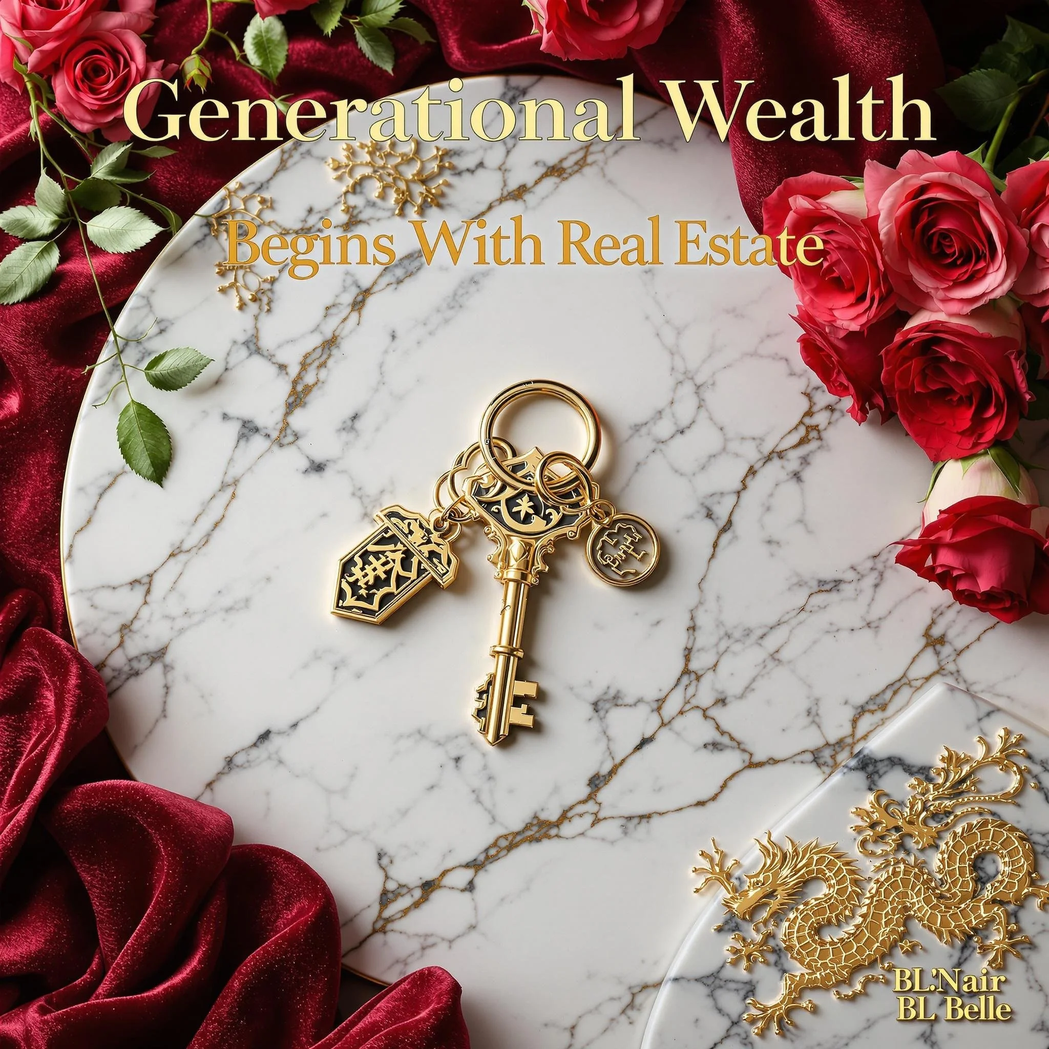 A marble surface with a gold keychain featuring a key and charms, surrounded by red roses and gold decorative accents, with the overlay text 'Generational Wealth Begins With Real Estate'.