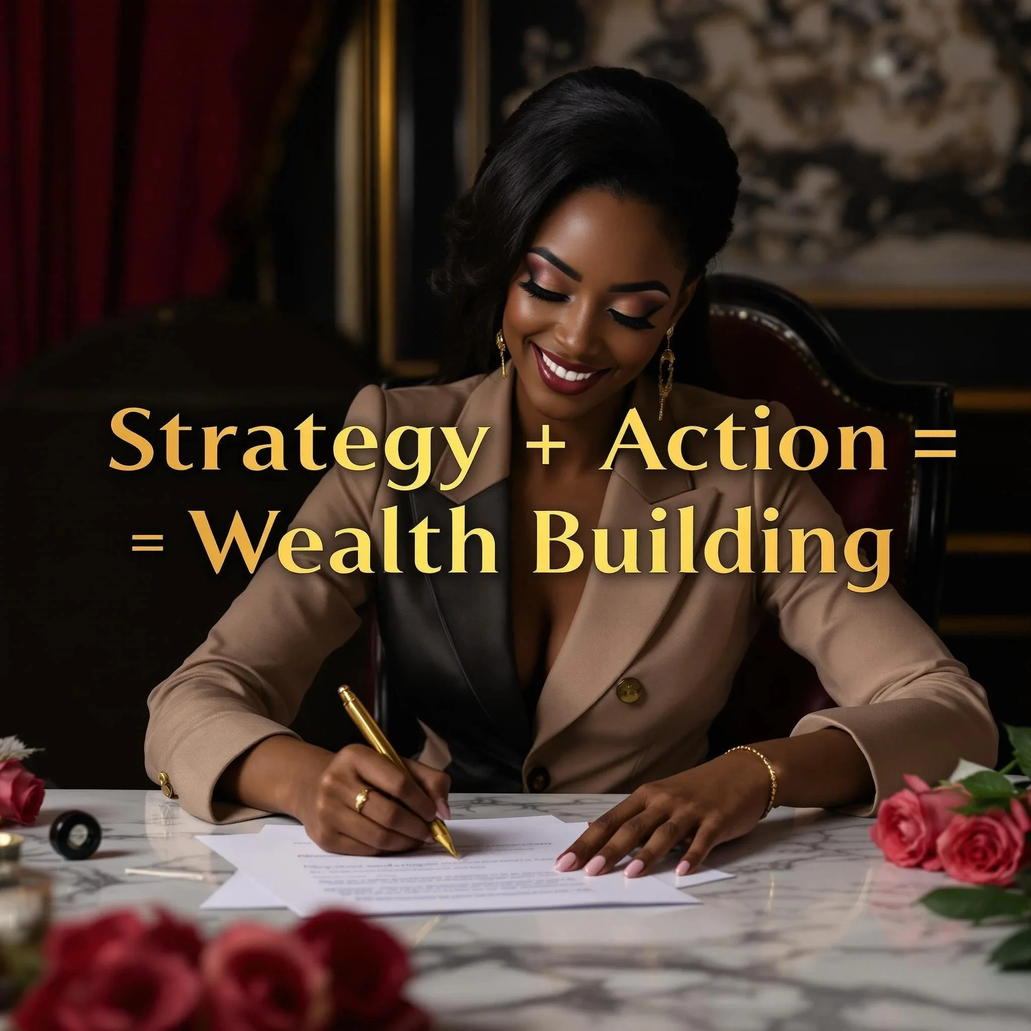 A confident woman in a beige suit with black accents is sitting at a marble table, smiling while signing a document. The table is adorned with pink roses. Overlaid text reads, 'Strategy + Action = Wealth Building.'