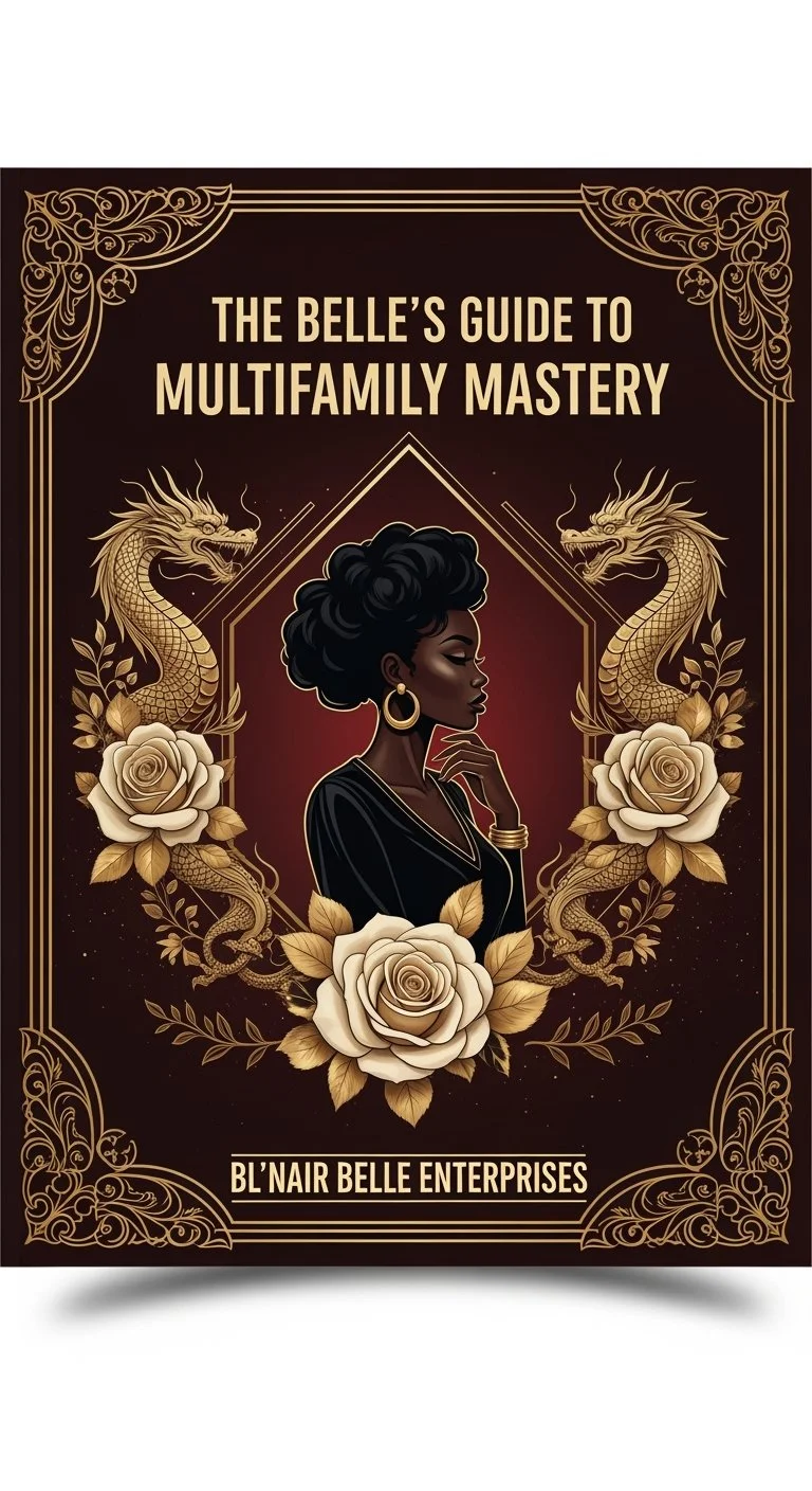 Cover for 'The Belle's Guide to Multigamily Mastery' featuring a Black woman with curly hair, surrounded by gold dragons and white roses on a dark background.