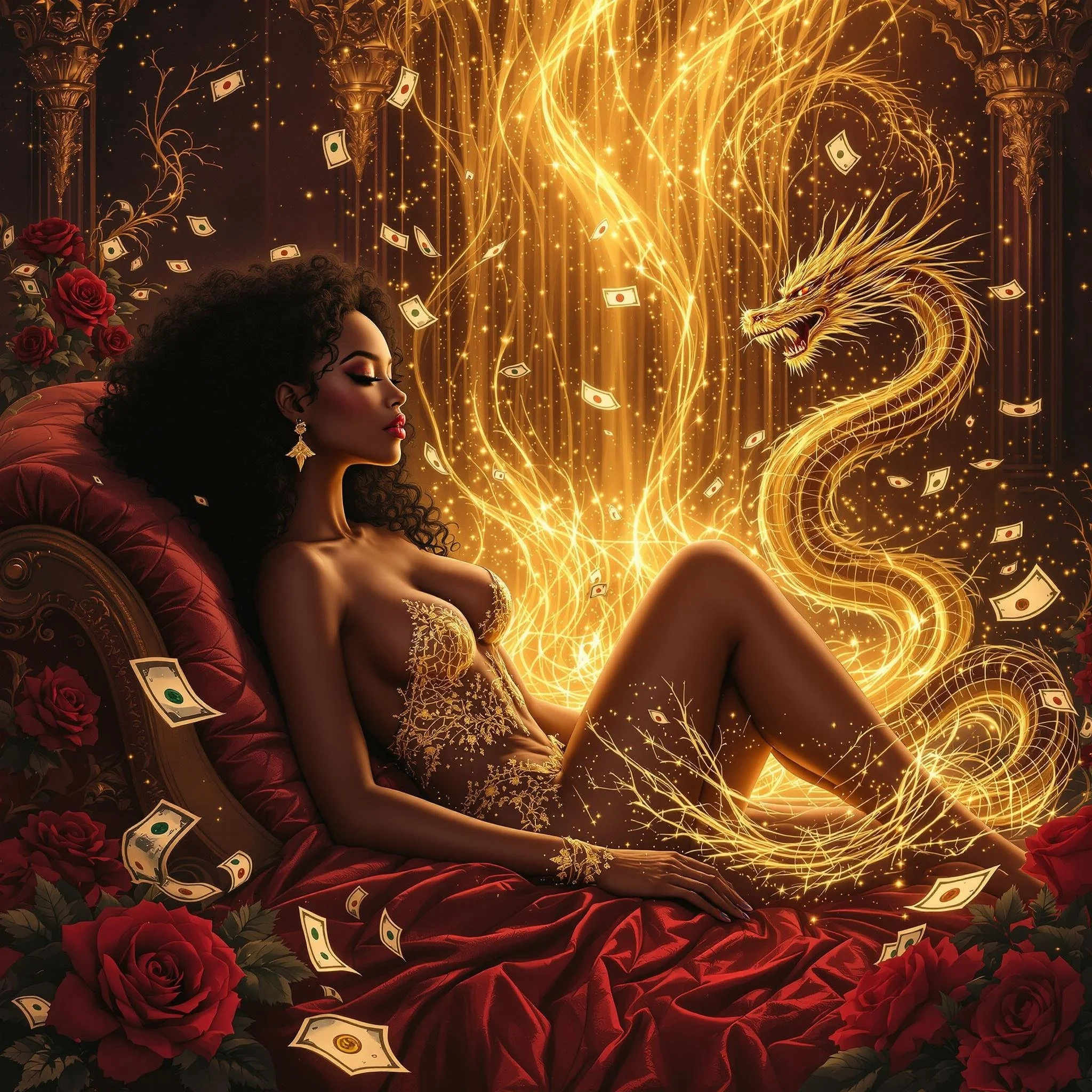 A fantasy scene featuring a woman with dark curly hair reclining on a red velvet couch surrounded by roses and dollar bills, with a glowing golden dragon and swirling energy in the background.