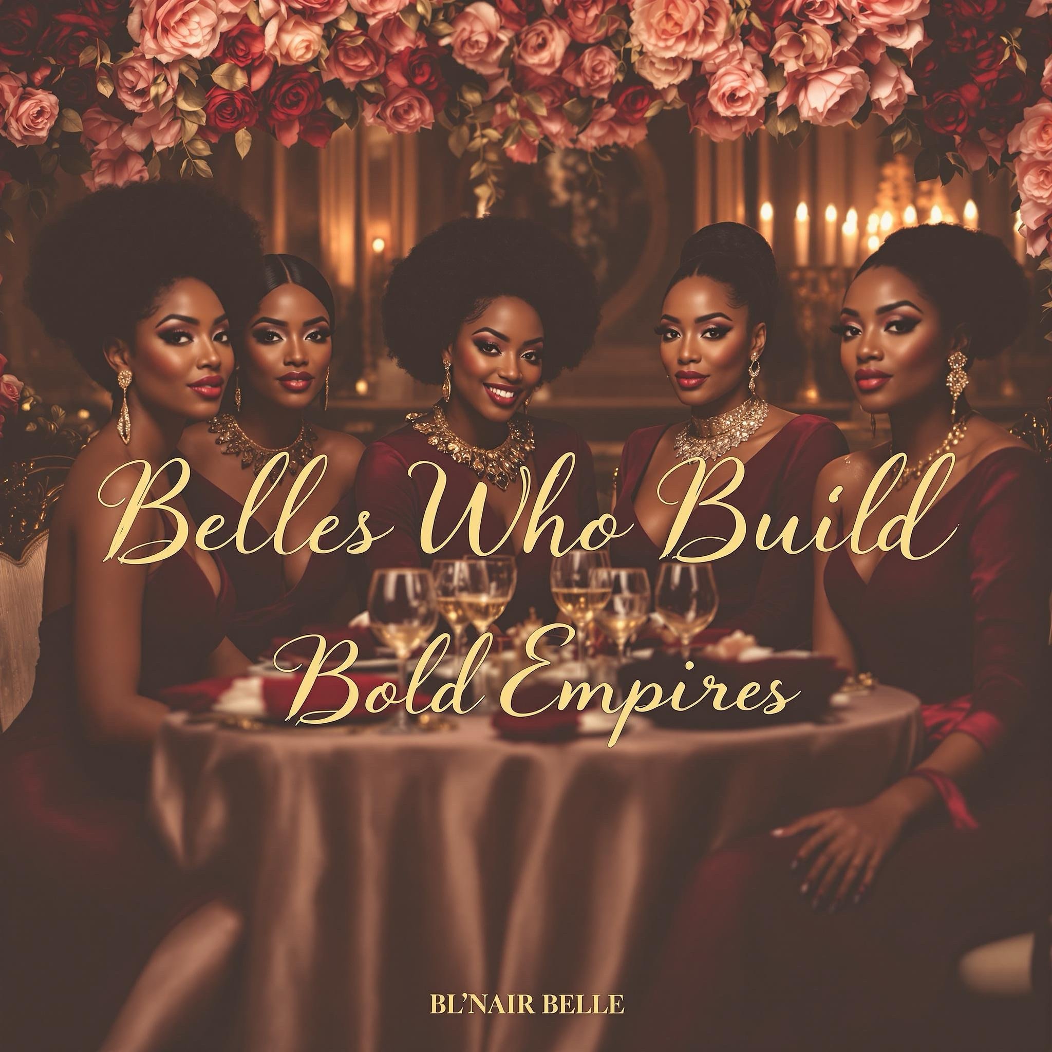 Five elegant women with dark skin and elaborate hairstyles sitting at a dinner table, dressed in matching dark red dresses, adorned with jewelry, under warm candlelight and floral decor, with the text "Belles Who Build Bold Empires" overlayed.