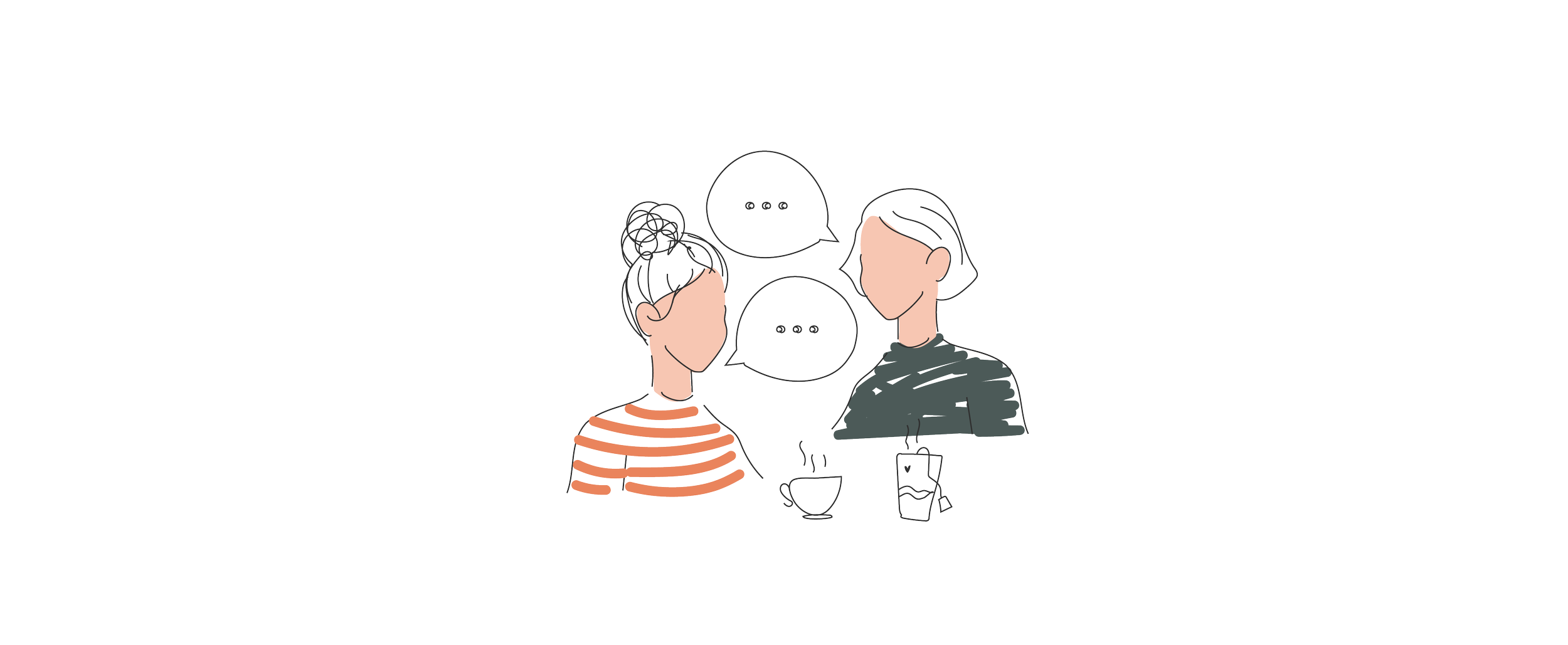 Dessin de deux femmes discutant, coaching individuel en présentiel pour échanger sur votre parcours de vie