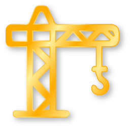Outline of a construction crane in yellow with a black background.