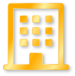 Golden icon of a multi-story building with nine windows and a main entrance at the bottom.