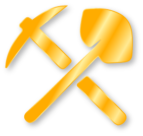 Gold pickaxe and hammer crossed against a black background.