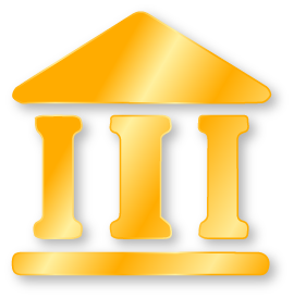 Golden illustration of a classical Greek or Roman temple with three columns and a triangular pediment.